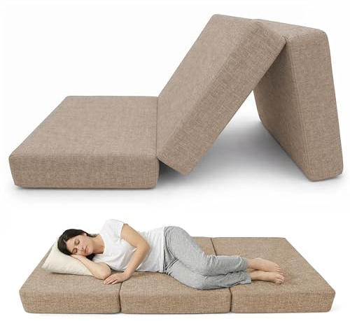 POKAR Hopfällbar Madrass 120x195x15 cm | 3-delad Vikbar Madrass med Avtagbart Överdrag | Bekväm Gästmadrass | Perfekt för Camping, Husbil, Resor eller Golv | OEKO-TEX | Tillverkad i EU | Beige