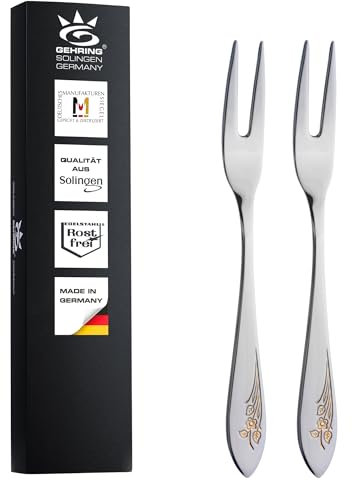 Gehring Solingen Flower Lot de 2 fourchettes à charcuterie décorées dorées I Fourchette de service I Couverts en acier inoxydable 18/10 I Fourchette de présentation I Passe au lave-vaisselle I