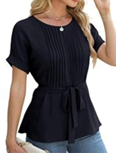 AGYMNX Femme Chemisier El�gant Tops Manches Courtes Printemps Et� Col Rond Wrap Blouses Ruffle Tunique Shirt Casual T-Shirt Noir XXL