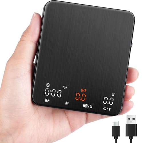 TIPRE Mini Espresso Scale with Timer & Flow Rate, 2kg/0.1g Precision, Rechargeable Portable Coffee Scale, 3 Brew Modes, LED Display, Mute Mode, Units: g/oz/lb:oz