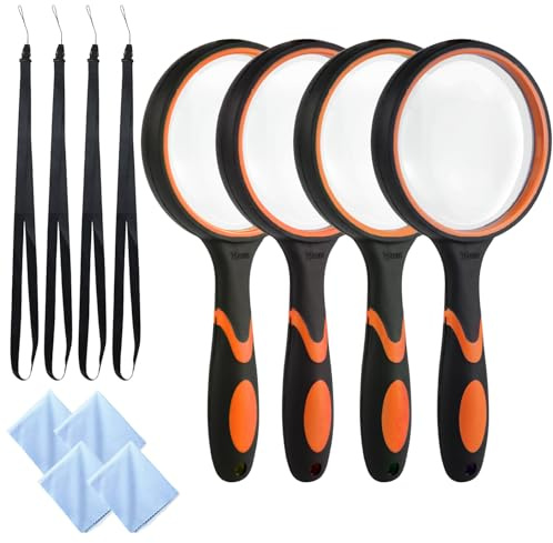 TANOSAN 75mm 10x Magnifying Glasses Small Handheld Magnifier, 4 Pack Orange