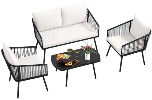 COSTWAY Conjunto Jardin Exterior de 4 Piezas, Tejido de Cuerda de PE, Sofá de 2 Plazas y 2 Sillas con Cojines, Mesa de Café de Vidrio Templado, Mesa y Sillas Terraza Balcon Exterior