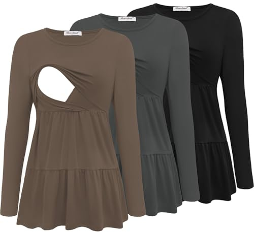Bearsland Set di 3 Magliette da Donna per Allattamento, a Maniche Lunghe, con Scollo a Barchetta, S