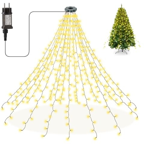 Zorela Luci Albero di Natale, 400 LED 2m x 16 Fili Luci Natale Albero, 8 Modalità Mantello Luci Albero di Natale a Cascata per Interno e Esterno, per Alberi di Natale da 1,5 m a 2,5 m - Bianco Caldo