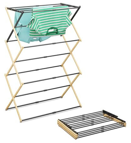 Relaxdays Stendibiancheria Pieghevole, Stendino Verticale a Torre, 11 Aste, HLP: 107x43-74x37 cm, in bambù e Ferro, Nero