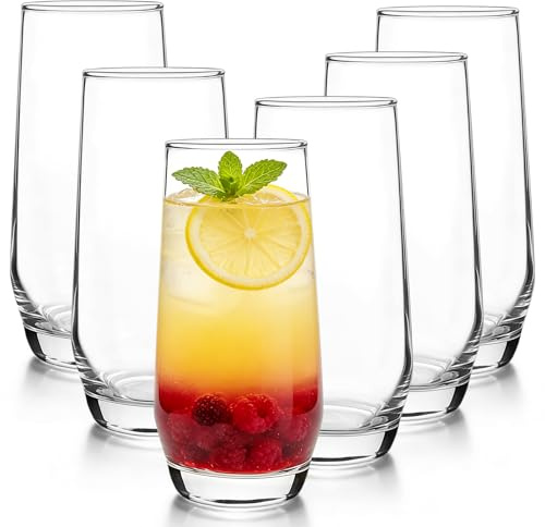 Yeelua Highball Glasses, 480ml Drinking Glasses Set of 6, Juice Glasses, Glass Cups, Water Glasses for Home, Restaurants & Parties, Cocktail Glasses Milkshake Milk Iced Tea Soda Glasses