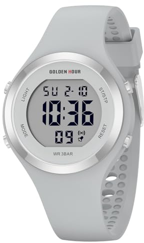 GOLDEN HOUR Digital Ladies Watches 5ATM Waterproof Sport Womens Watch with Luminous/Date/Week/Month Chronograph, Silicone Strap Swimming Watch for Women