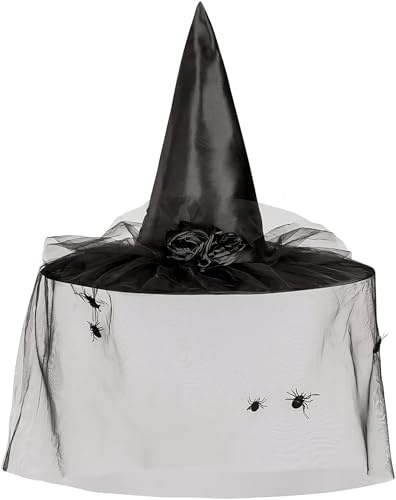 Boland 96985 - Hexen Hut Esmeralda, Hut für Erwachsene, mit Schleier, Spinnen und Rosen, Hexe, Zauberer, Magier, Halloween, Karneval, Mottoparty