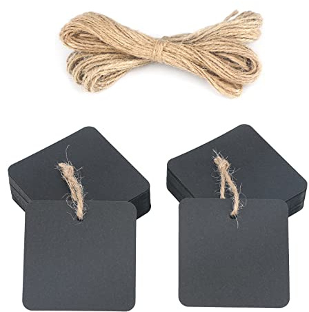 jijAcraft Etichette Quadrate in Carta Kraft 5,5 cm, 100 pz Tag Regalo Cartoncino e Spago di Iuta 20M, per l'artigianato Matrimoni Natale (Nero)