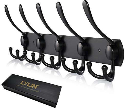 LYLIN kleiderhaken Hakenleiste, Garderobenhaken Edelstahl Rostfrei Handtuchhaken Wandhaken Garderobenleiste Vintage Jackenhalter Wand (Matt Schwarz, 15 Haken, 1Pcs)