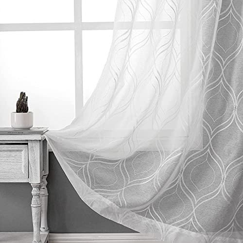 VISIONTEX White Sheer Curtains Moroccan Embroidered 84 Inches Long