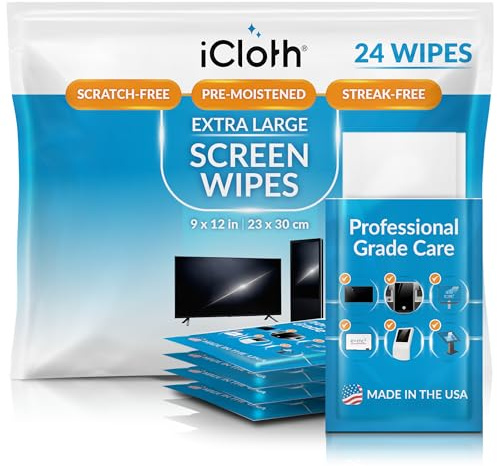 iCloth XL Screen Cleaning Wipes, Lint-Free and Streak-Free, Fast-Drying, Removes Dust, Fingerprints, and Smudges (24 XL Wipes)