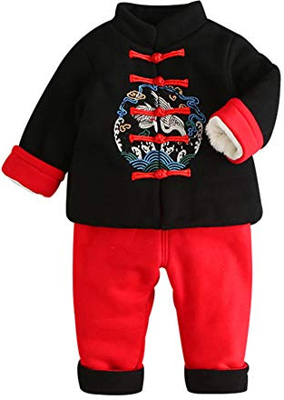 Mud Kingdom Little Boys Chinese New Year Outfits Fleece Lining Tang Suit for Boy Frog Button 2-Piece Set Black 5 Years