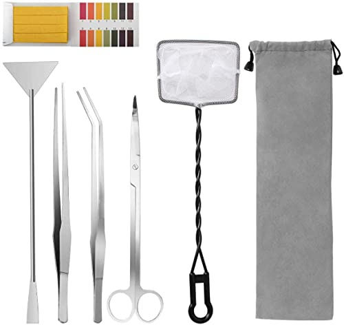 6 in 1 Aquatic Plant Aquascaping Tool Stainless Steel Silver Tweezers Scissors Spatula for Fish Tank Clean Aquascape Tools Sets with Fishing net, 80p PH Paper(Silver)