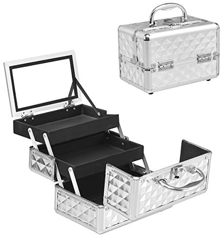 LIFEZEAL Valigetta Rigida Professionale per Trucchi a 3 Livelli, Porta Cosmetici, Trousse, Scatola, Beauty Case, Organizer Makeup, con Specchio, Manico e Chiusura, 23x15x18 cm, Argentato