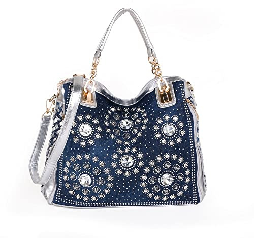 Borsa a tracolla da donna in denim con strass di cristallo, borsa a mano, borsa a tracolla da donna, Argento, 11.8x4.7x11.5