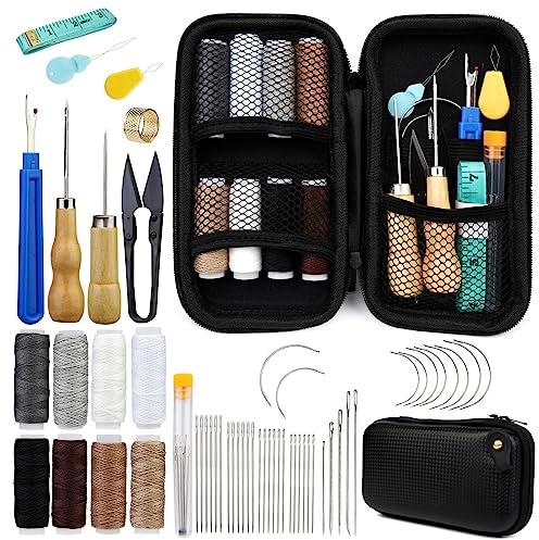 54 pièces Ensemble de couture en cuir Ensemble d'outils en cuir d'artisanat en avec fil de rembourrage 8 couleurs, poinçon à coudre et sac de rangement pour l'artisanat du bricolage