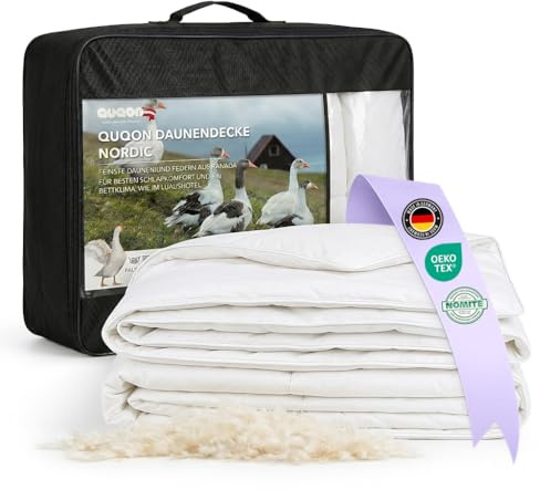 QUQON® Nordic Daunendecke – Handverlesene Daunen&Federn | 135x200 cm | Leicht (300g) Sommerdecke | Oeko-TEX® & NOMITE Zertifiziert