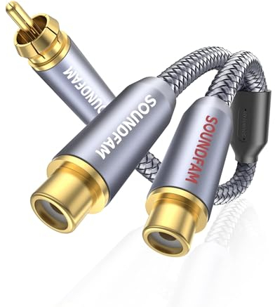 SOUNDFAM PREMIUM Cinch Splitter Adapter 1-RCA Stecker auf 2-RCA Buchse Subwoofer Splitter Kabel Cinch Y Adapter für Subwoofer, Verstärker (30cm/Grau/[1M-2F])