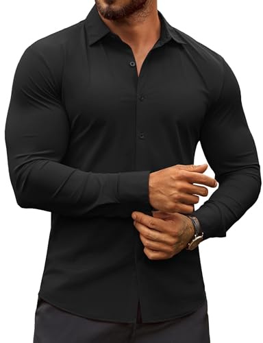 COOFANDY Men's Dress Shirts Long Sleeve Casual Shirt Stretch Muscle Fit Shirt Black