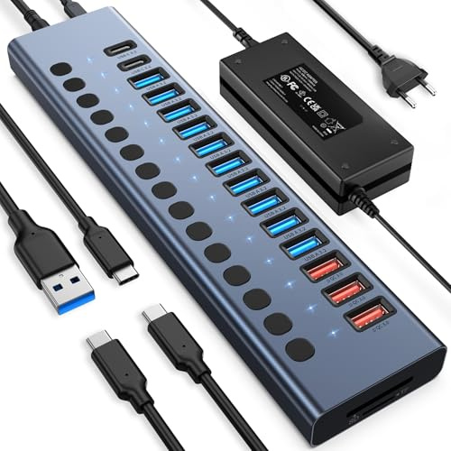 Hub USB Alimentato 10Gbps, 17 Porte 96W USB 3.2 (10 USB-A + 3 Ricarica Rapida QC + 2 USB-C + Lettore SD/TF), Alimentatore 12V/8A per Laptop, PC, Hard Disk e Chiavette USB