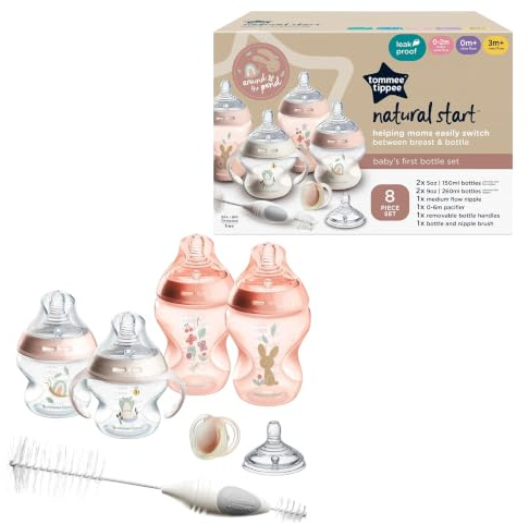 Tommee Tippee Natural Start Lot de 8 biberons sans BPA, comprenant 2 bouteilles de 141,7 g et 2 x 255,1 g, 1 tétine à débit moyen, 1 tétine de 0 à 6 m, 1 poignée de bouteille amovible, 1 brosse de