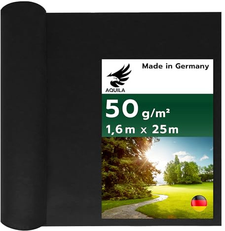 AQUILA Profi Unkrautvlies zur Wurzelsperre – Verhindert Durchdringen von Unkraut, Reißfest, 50 g/m², hochwertige Unkrautfolie mit Wasserdurchlässigkeit, Made in GER – 1,60m x 25m