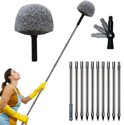 20+ ft High Reach Cobweb Duster with 3-12 ft Detachable Pole - Lightweight, Soft and Elastic Bristles for Cleaning - Indoor & Outdoor Spider Web Cleaner with Universal Joint - Grey