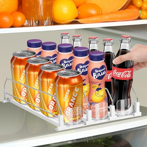 Drink Organizer for Fridge, Adjustable Width Soda Can Dispenser for Refrigerator Organizers and Storage, 3 Rows Beer Bottle Beverage Holder with Pusher Glide (14.96 D, White)