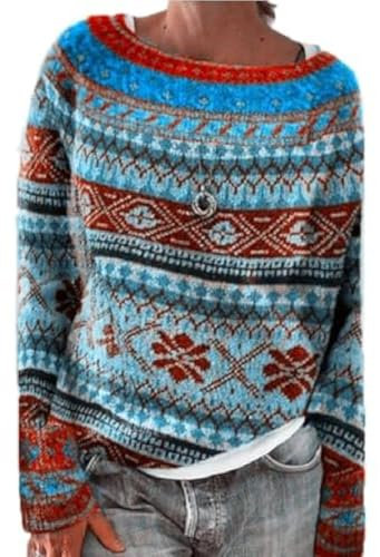 Pull Fairisle pour femme – Pull à col bénitier pour femme – Chandails d'hiver chauds sans capuche à manches longues – Pulls islandais pour femmes – Pull d'hiver chaud pour femme, noir foncé, XXL