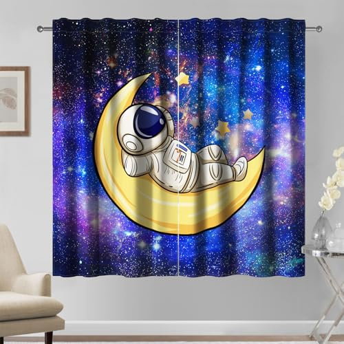 Kzzfqxb Cortinas Infantiles 140x229cm 2 Paneles, Universo Galaxia Astronauta Dormir en la Luna, con Dibujos Animados de ensueño para Dormitorio Infantil Sala de Estar y guardería
