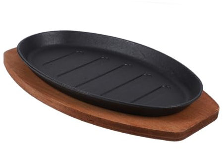 Luxshiny Poêle À Steak Plaques De Poêle En Fonte Avec Base En Bois Plaques De Steak En Fonte Pour Manger À La Maison 12 Pouces