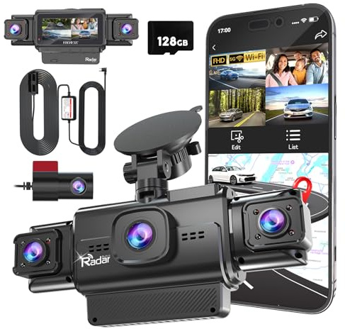 Dashcam a 4 canali a 360 gradi con telecamera anteriore e posteriore per auto, radar ad onda millimetrica 24 ore di parcheggio, dual band WiFi, GPS, visione notturna, grandangolo di 170 gradi, WDR
