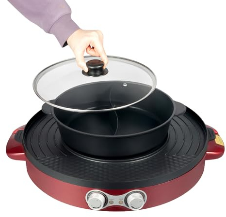 Hot Pot - Pentola elettrica 2200 W, 220 V, 2 in 1, per barbecue, thailandese, rivestimento antiaderente svizzero, regolazione indipendente