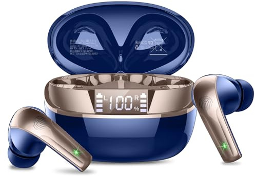 Ecouteurs Bluetooth sans Fil, Ecouteurs Bluetooth 5.4 Stéréo HiFi avec ENC Réduction de Bruit Mic, 48H de Lecture Oreillette sans Fil, IP7 Étanches Casque pour iOS Android, Contrôle Tactile, Or Bleu
