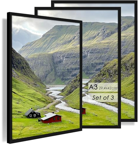 QPQIYIY Cornici A3 (29,7 x 42 cm) Set da 3, Cornice Nera in Legno Composito, Cornici A3 Ideali per Foto, Immagini e Poster