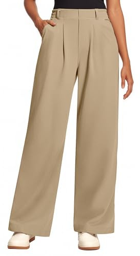 Oyamiki Palazzo Pants for Women Casual Comfy Wide Leg Elasticated Waist Trousers Elegant Pleated Front with Pockets Khaki Trousers L