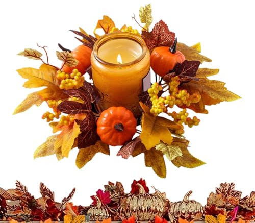 Fall Candle Rings - Table Candle Wreath Decor | Artificial Maple Leaves Pumpkins Berries Garland - for Farmhouse Fall Thanksgiving Halloween Wedding Table Centerpiece Cabinet Kitchen Door