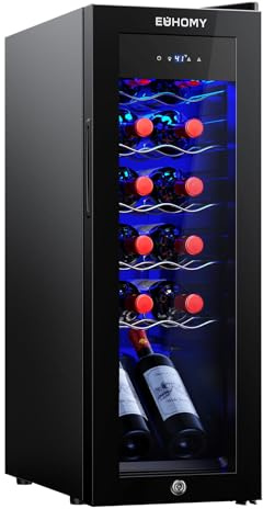EUHOMY 12 Bottle Compressor Wine Cooler Refrigerator with Lock, Freestanding Mini Wine Fridge with Digital Temperature Control, Wine Refrigerator with Glass Door For Red White Wine, Champagne, Black