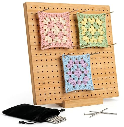 Planche de Blocage Crochet en Bois pour Granny Square avec 20 Bâtons Inox & 5 Épingles Plaque de Blocage Tricot avec Trous, Accessoires Crochet Pratiques pour Pièces Tricot et Crochet Kit Débutant