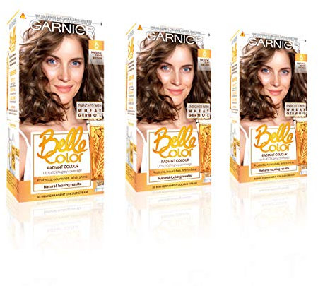 Garnier Belle Color Brown Hair Dye Permanent, Natural looking Hair Colour Up to 100 Percent grey coverage - 6 Light Brown, Pack of 3