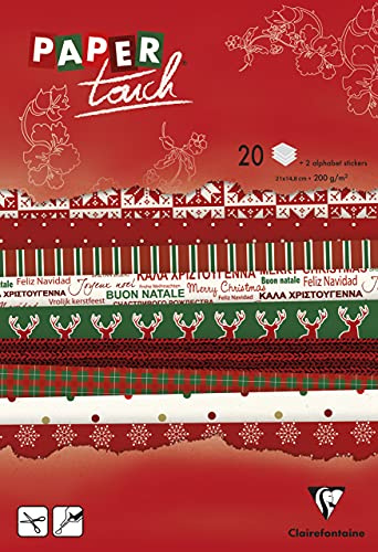 Clairefontaine 95178C - Bloc de 20 Feuilles à Motifs en Papier Cartonné 200g + Stickers Alphabet + Étiquettes à découper - Format A5 (14,8x21cm) – Papier Scrapbooking Loisirs Créatifs - Noël