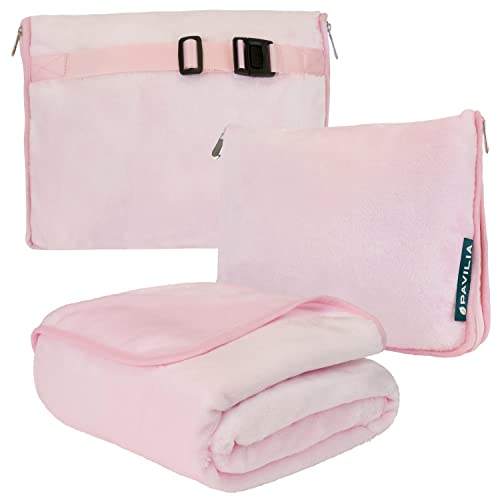 PAVILIA Reisedecke und -Kissen, Doppelreißverschlüsse, Clip on Strap | Warmes weiches Fleece 2-in-1 Combo Decke Flugzeug, Camping, Gepäckrucksack-Gurt, 60 x 43 (Blush Pink)