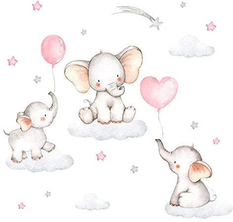 Little Deco Wandsticker Wandtattoo Kinderzimmer Deko Mädchen Tiere Elefanten rosa Ballon Wolken Aufkleber Babyzimmer Spielzimmer Wandbild selbstklebend DL212-38