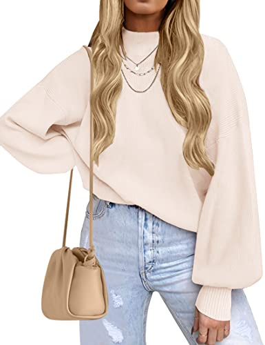 ZESICA Women's Casual Turtleneck Long Lantern Sleeve Fall 2025 Oversized Ribbed Knit Pullover Sweater Jumper Top,Beige,Small