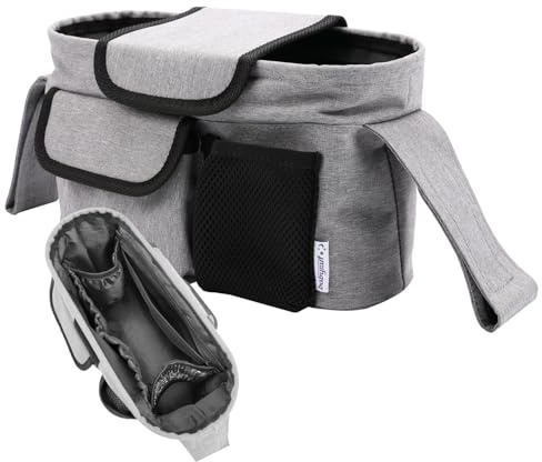 Babyruf Kinderwagen Organizer BO 100 | Praktische Innenaufteilung | Universalkompatibel | Extra große Schlaufen mit Klettverschluss | Leicht abwaschbar & Wasserabweisend | 30x10.5x16 cm I Grau