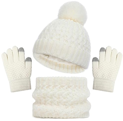 Baynetin Invierno Conjunto de Guantes de Bufanda de Gorro para Niños, Forro de Lana Niña Invierno Calentar Gorro Bufanda Sombrero Bufandas Guantes Tactiles Set para Niños Niñas 2-8 Años (Blanco)
