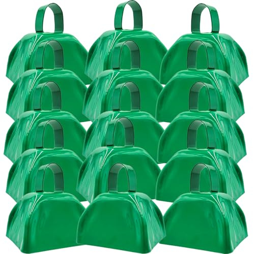 LOSYHU 15 Pack Metal Cowbells 3 Inch Green Cow Bells Noise Makers Loud Cow Bell with Handles, Small Cowbell Hand Percussion Cowbells for Sporting Events, Cheering, Football Games, Weddings
