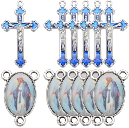 SUNNYCLUE 1 SCATOLA 20 Pezzi Rosario Ciondoli Croce Ciondoli Crocifisso Argento Antico Smalto Blu Ovale Pasqua In Stile Tibetano per Creazione di Gioielli Artigianato Fai-Da-Te Colla