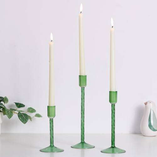 Hewory Glass Candle Holders Candlesticks: 3Pcs Green Candlestick Holders Vintage Christmas Decorations for Tapered Candles Modern Table Centrepieces for Dining Room Wedding Candle Sticks Holder